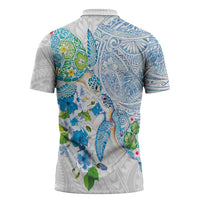 Hawaiian Couple Turtles Honi Zipper Polo Shirt Polynesian Art Motifs and Hibiscus White Blue Color LT03 - Polynesian Pride
