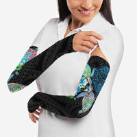 Hawaiian Couple Turtles Honi Arm Sleeves Polynesian Art Motifs and Hibiscus Black Blue Color - Polynesian Pride