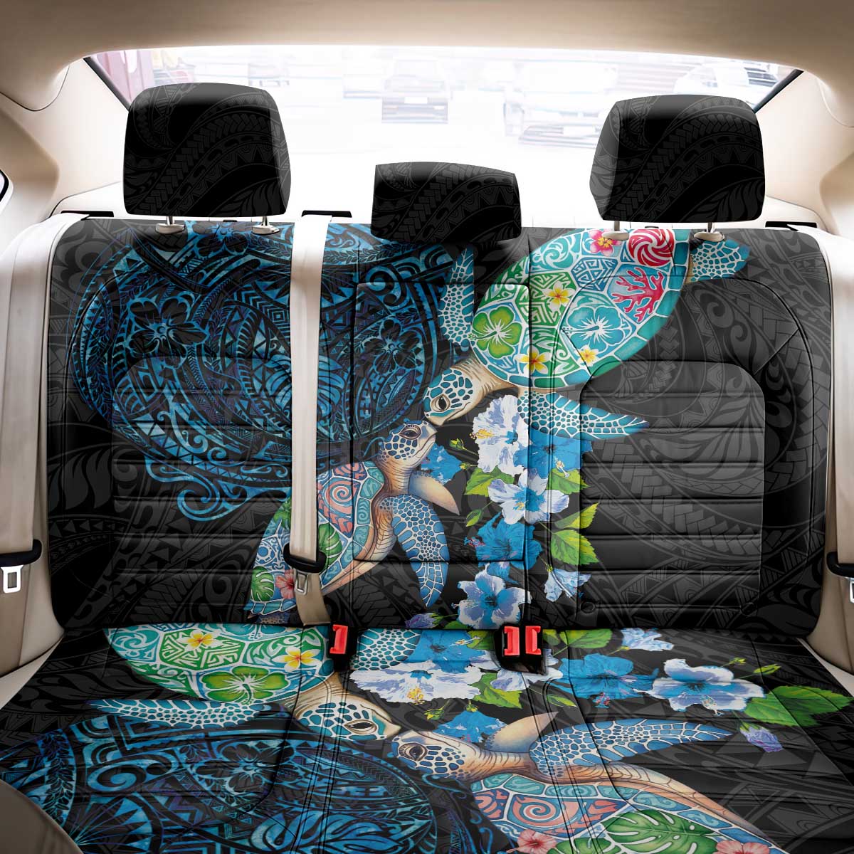 Hawaiian Couple Turtles Honi Back Car Seat Cover Polynesian Art Motifs and Hibiscus Black Blue Color LT03 - Polynesian Pride