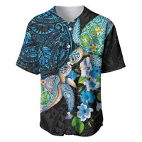 Hawaiian Couple Turtles Honi Baseball Jersey Polynesian Art Motifs and Hibiscus Black Blue Color - Polynesian Pride