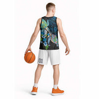 Hawaiian Couple Turtles Honi Basketball Jersey Polynesian Art Motifs and Hibiscus Black Blue Color LT03 - Polynesian Pride