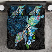 Hawaiian Couple Turtles Honi Bedding Set Polynesian Art Motifs and Hibiscus Black Blue Color LT03 Black - Polynesian Pride