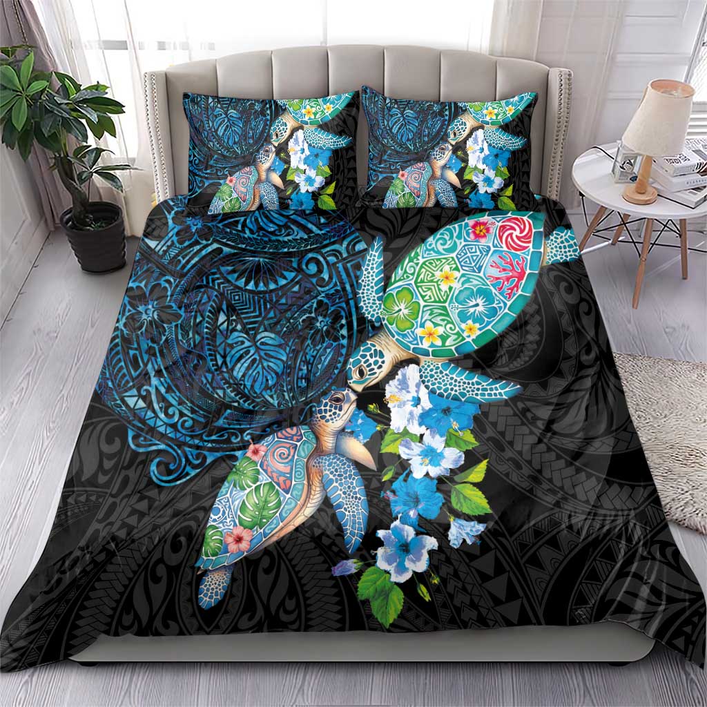 Hawaiian Couple Turtles Honi Bedding Set Polynesian Art Motifs and Hibiscus Black Blue Color LT03 - Polynesian Pride
