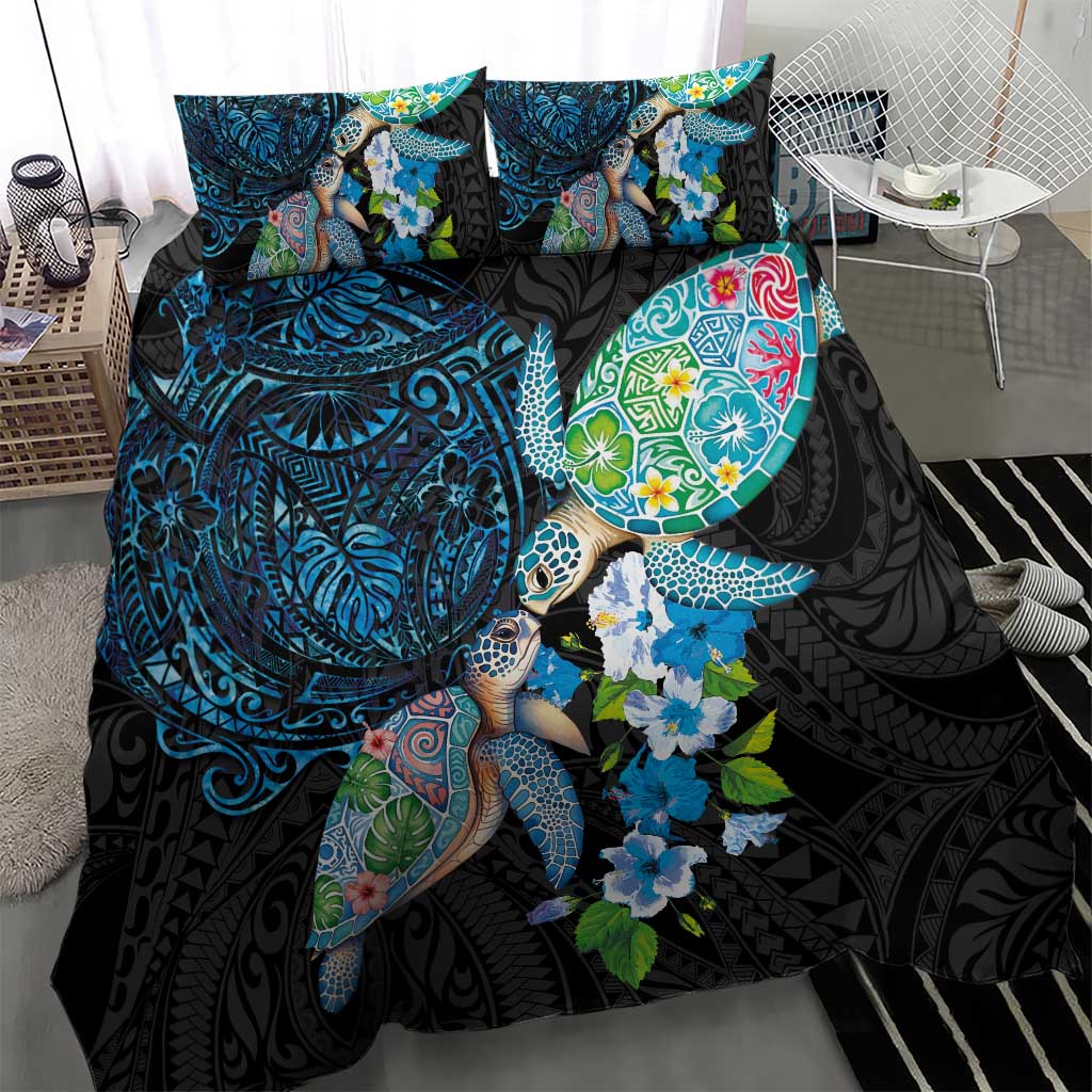 Hawaiian Couple Turtles Honi Bedding Set Polynesian Art Motifs and Hibiscus Black Blue Color LT03 - Polynesian Pride