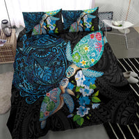 Hawaiian Couple Turtles Honi Bedding Set Polynesian Art Motifs and Hibiscus Black Blue Color LT03 - Polynesian Pride