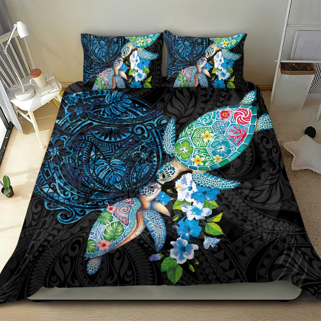 Hawaiian Couple Turtles Honi Bedding Set Polynesian Art Motifs and Hibiscus Black Blue Color LT03 - Polynesian Pride