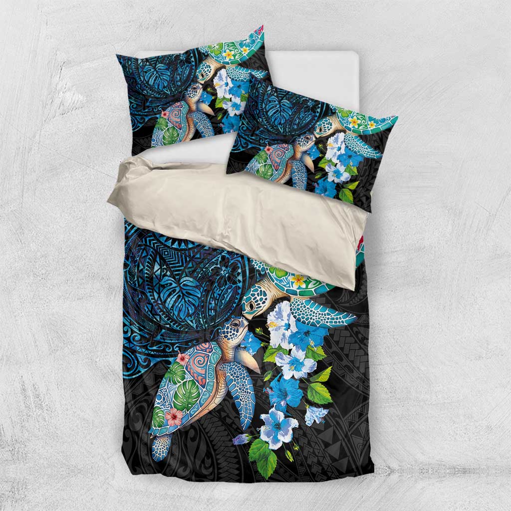 Hawaiian Couple Turtles Honi Bedding Set Polynesian Art Motifs and Hibiscus Black Blue Color LT03 US Twin 172cm x 218cm Black - Polynesian Pride
