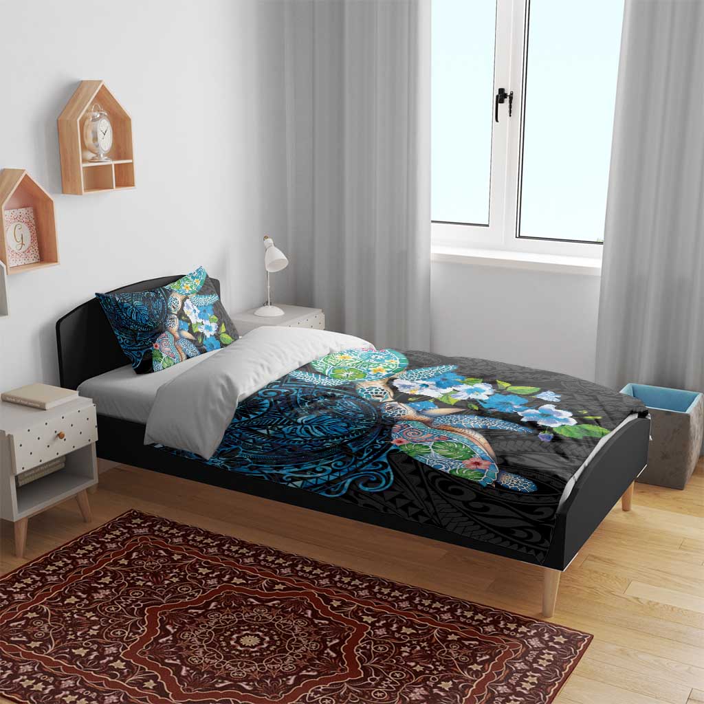 Hawaiian Couple Turtles Honi Bedding Set Polynesian Art Motifs and Hibiscus Black Blue Color LT03 - Polynesian Pride