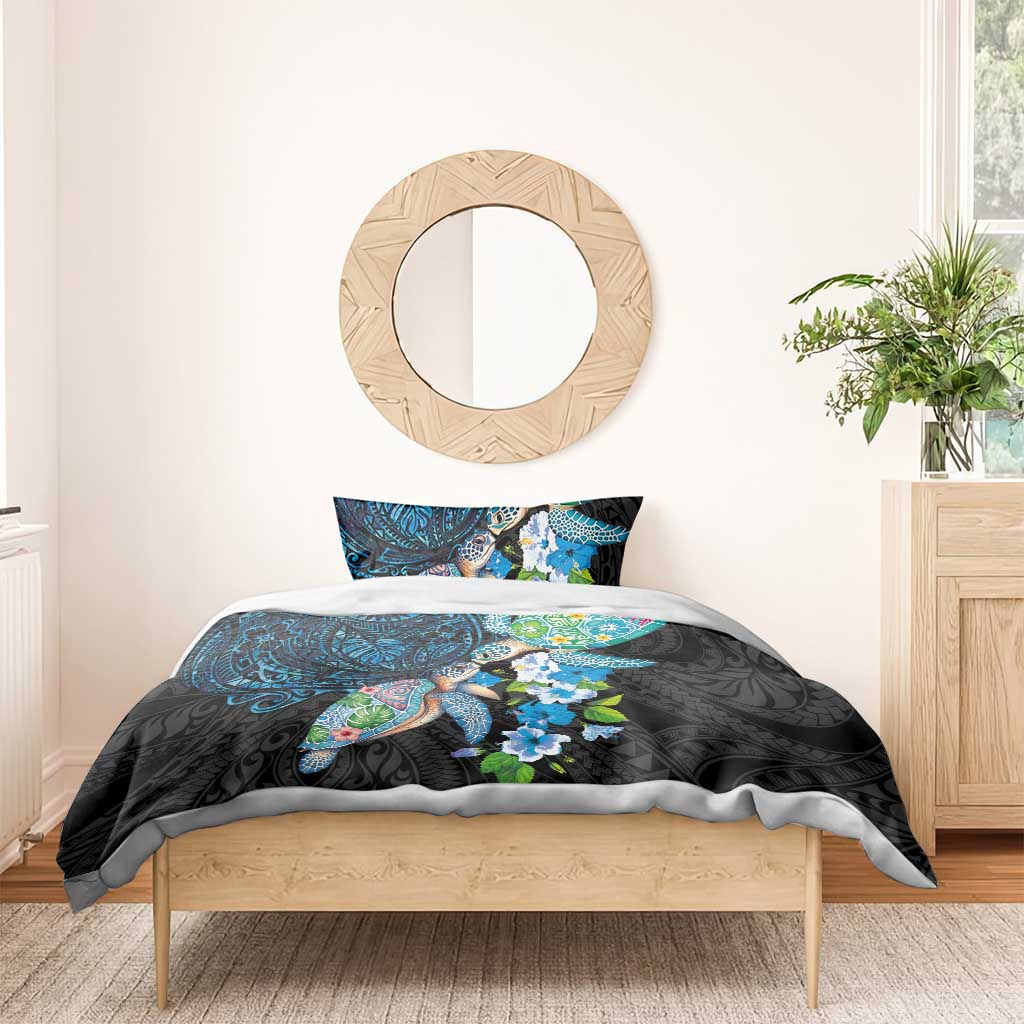 Hawaiian Couple Turtles Honi Bedding Set Polynesian Art Motifs and Hibiscus Black Blue Color LT03 - Polynesian Pride