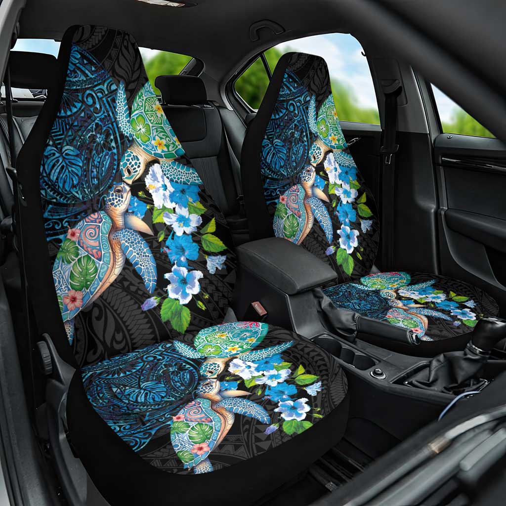 Hawaiian Couple Turtles Honi Car Seat Cover Polynesian Art Motifs and Hibiscus Black Blue Color LT03 One Size Black - Polynesian Pride