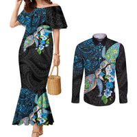 Hawaiian Couple Turtles Honi Couples Matching Mermaid Dress and Long Sleeve Button Shirt Polynesian Art Motifs and Hibiscus Black Blue Color LT03 Black - Polynesian Pride