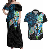 Hawaiian Couple Turtles Honi Couples Matching Off Shoulder Maxi Dress and Hawaiian Shirt Polynesian Art Motifs and Hibiscus Black Blue Color LT03 Black - Polynesian Pride