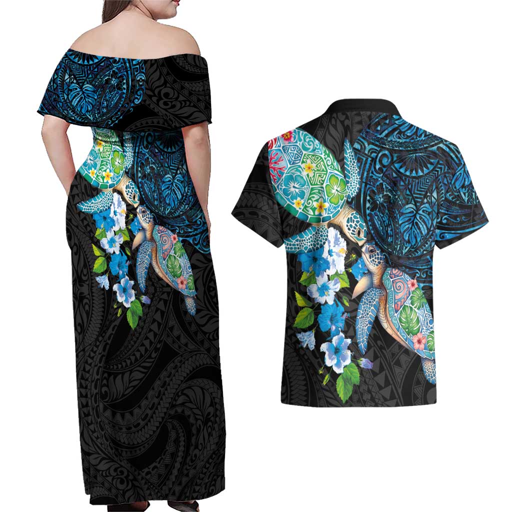 Hawaiian Couple Turtles Honi Couples Matching Off Shoulder Maxi Dress and Hawaiian Shirt Polynesian Art Motifs and Hibiscus Black Blue Color LT03 - Polynesian Pride