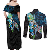 Hawaiian Couple Turtles Honi Couples Matching Off Shoulder Maxi Dress and Long Sleeve Button Shirt Polynesian Art Motifs and Hibiscus Black Blue Color LT03 - Polynesian Pride