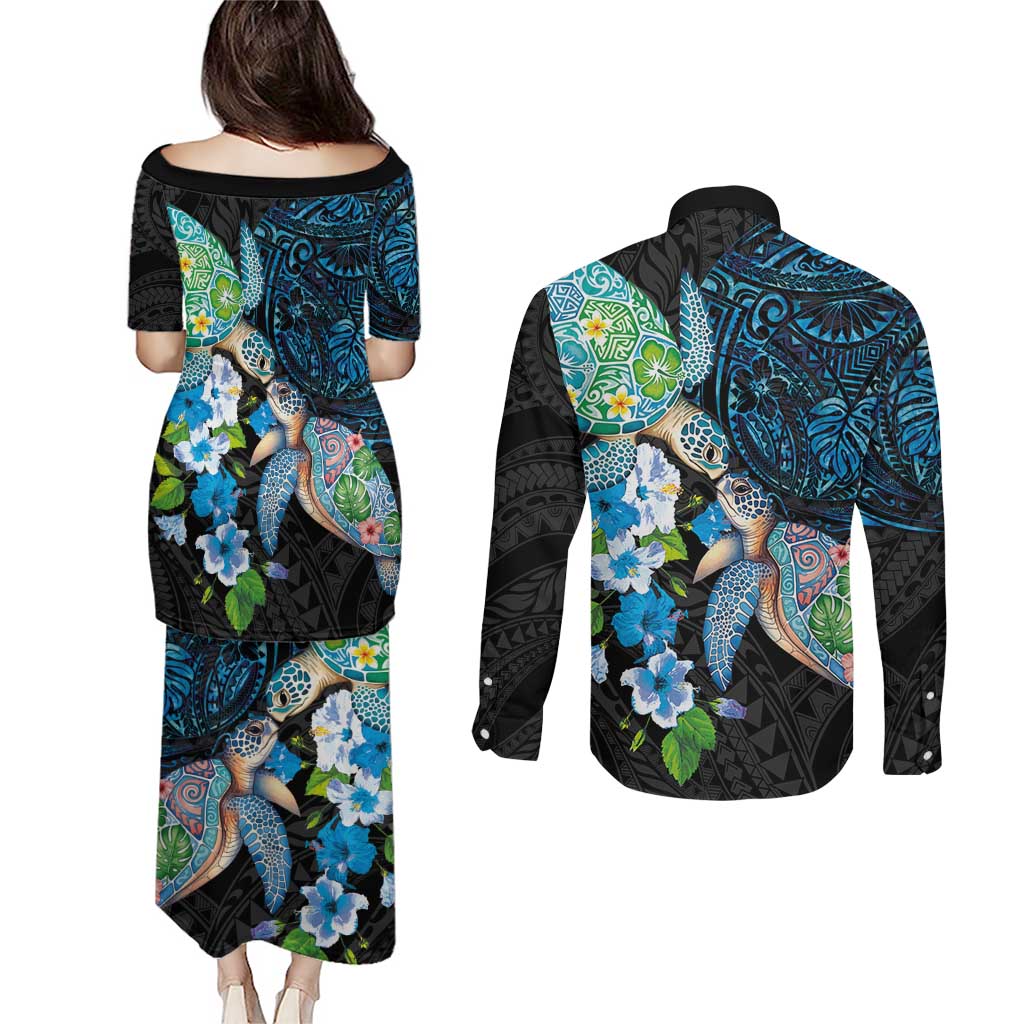 Hawaiian Couple Turtles Honi Couples Matching Puletasi and Long Sleeve Button Shirt Polynesian Art Motifs and Hibiscus Black Blue Color LT03 - Polynesian Pride