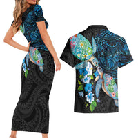 Hawaiian Couple Turtles Honi Couples Matching Short Sleeve Bodycon Dress and Hawaiian Shirt Polynesian Art Motifs and Hibiscus Black Blue Color LT03 - Polynesian Pride