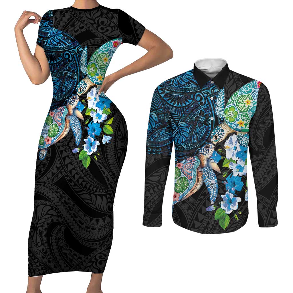 Hawaiian Couple Turtles Honi Couples Matching Short Sleeve Bodycon Dress and Long Sleeve Button Shirt Polynesian Art Motifs and Hibiscus Black Blue Color - Polynesian Pride