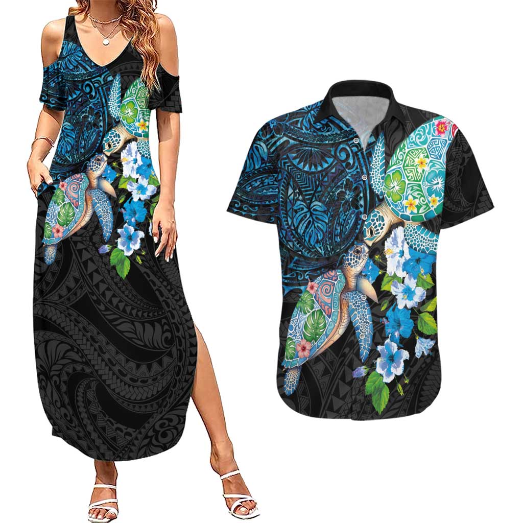 Hawaiian Couple Turtles Honi Couples Matching Summer Maxi Dress and Hawaiian Shirt Polynesian Art Motifs and Hibiscus Black Blue Color LT03 Black - Polynesian Pride