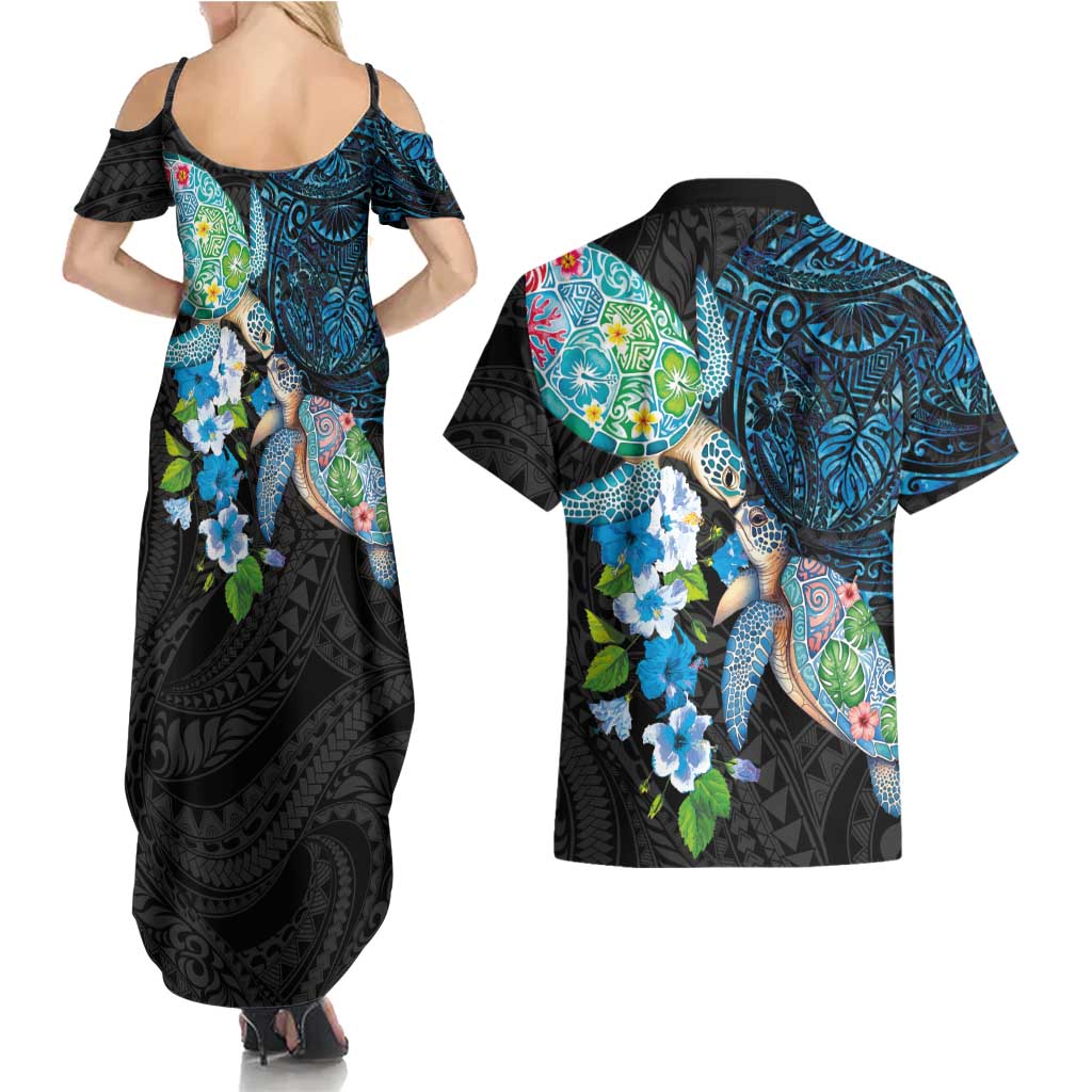 Hawaiian Couple Turtles Honi Couples Matching Summer Maxi Dress and Hawaiian Shirt Polynesian Art Motifs and Hibiscus Black Blue Color LT03 - Polynesian Pride