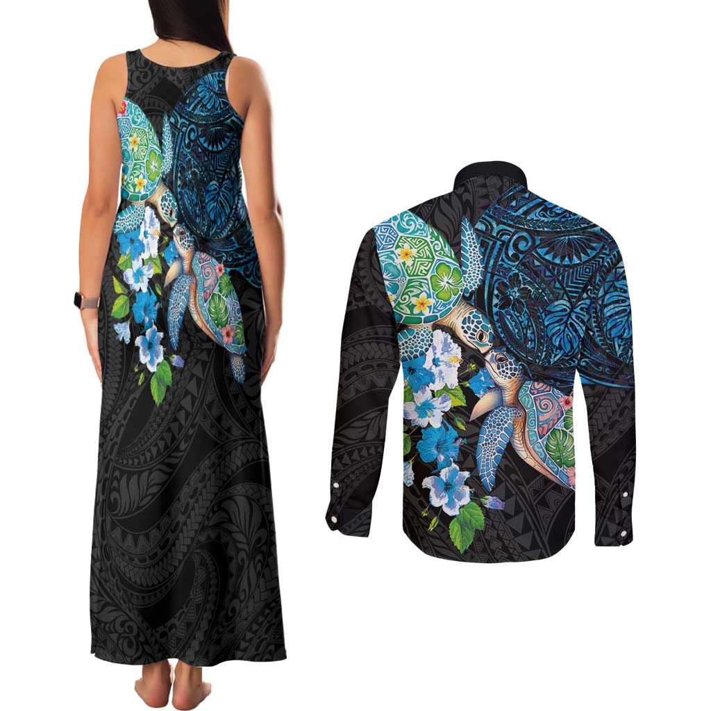 Hawaiian Couple Turtles Honi Couples Matching Tank Maxi Dress and Long Sleeve Button Shirt Polynesian Art Motifs and Hibiscus Black Blue Color LT03 - Polynesian Pride