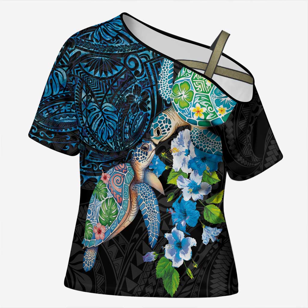 Hawaiian Couple Turtles Honi Cross Shoulder Shirt Polynesian Art Motifs and Hibiscus Black Blue Color LT03 Female Black - Polynesian Pride