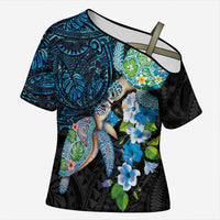 Hawaiian Couple Turtles Honi Cross Shoulder Shirt Polynesian Art Motifs and Hibiscus Black Blue Color LT03 Female Black - Polynesian Pride