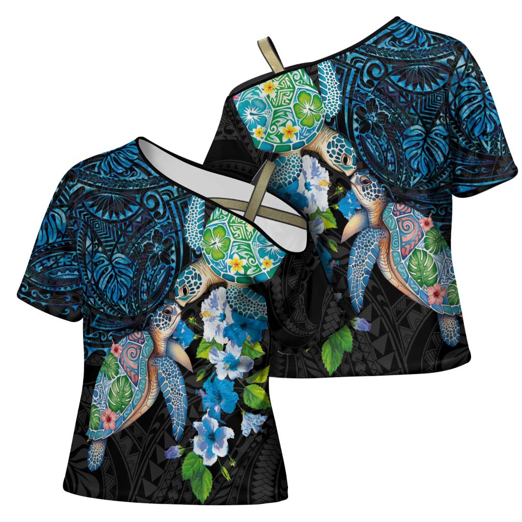 Hawaiian Couple Turtles Honi Cross Shoulder Shirt Polynesian Art Motifs and Hibiscus Black Blue Color LT03 - Polynesian Pride