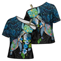 Hawaiian Couple Turtles Honi Cross Shoulder Shirt Polynesian Art Motifs and Hibiscus Black Blue Color LT03 - Polynesian Pride