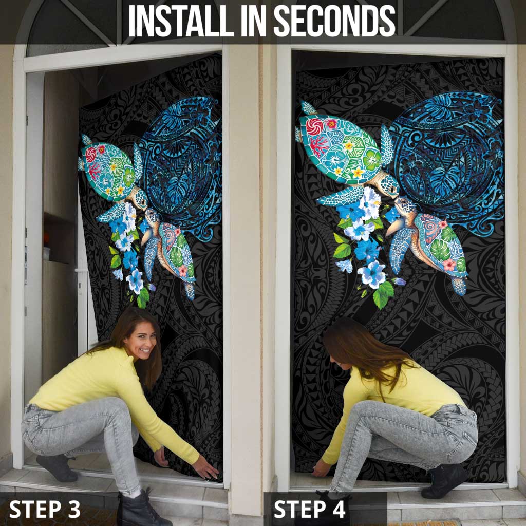 Hawaiian Couple Turtles Honi Door Cover Polynesian Art Motifs and Hibiscus Black Blue Color LT03 - Polynesian Pride