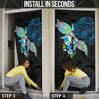 Hawaiian Couple Turtles Honi Door Cover Polynesian Art Motifs and Hibiscus Black Blue Color LT03 - Polynesian Pride