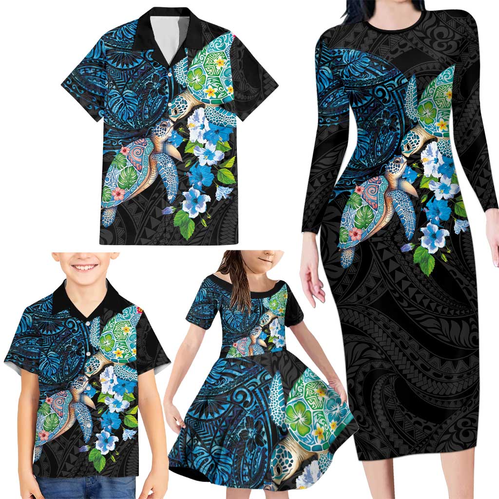 Hawaiian Couple Turtles Honi Family Matching Long Sleeve Bodycon Dress and Hawaiian Shirt Polynesian Art Motifs and Hibiscus Black Blue Color - Polynesian Pride