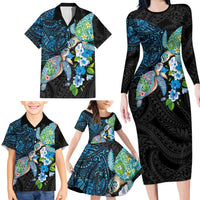 Hawaiian Couple Turtles Honi Family Matching Long Sleeve Bodycon Dress and Hawaiian Shirt Polynesian Art Motifs and Hibiscus Black Blue Color LT03 - Polynesian Pride