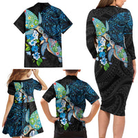 Hawaiian Couple Turtles Honi Family Matching Long Sleeve Bodycon Dress and Hawaiian Shirt Polynesian Art Motifs and Hibiscus Black Blue Color LT03 - Polynesian Pride