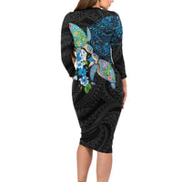 Hawaiian Couple Turtles Honi Family Matching Long Sleeve Bodycon Dress and Hawaiian Shirt Polynesian Art Motifs and Hibiscus Black Blue Color LT03 - Polynesian Pride