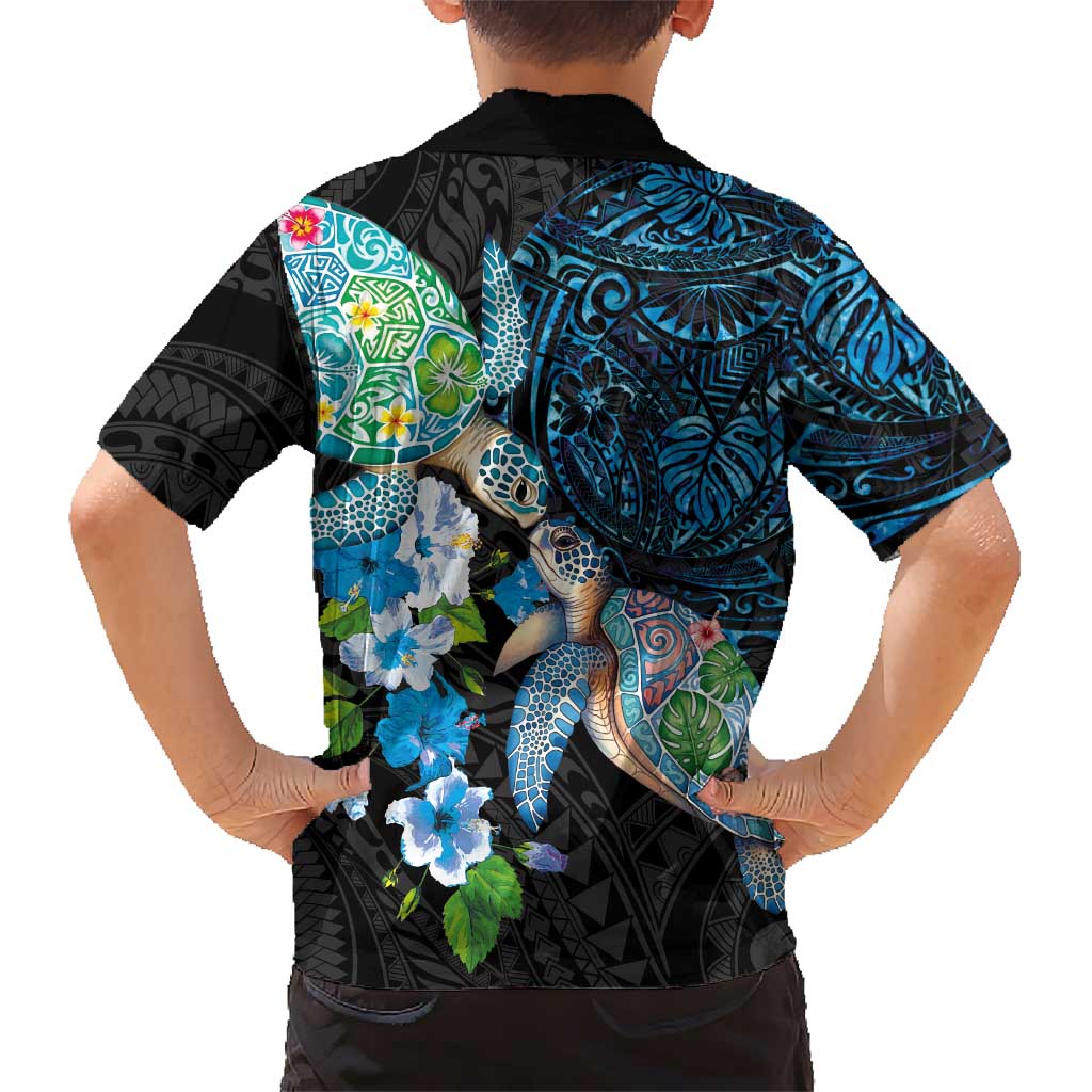 Hawaiian Couple Turtles Honi Family Matching Off The Shoulder Long Sleeve Dress and Hawaiian Shirt Polynesian Art Motifs and Hibiscus Black Blue Color LT03 - Polynesian Pride