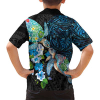Hawaiian Couple Turtles Honi Family Matching Off The Shoulder Long Sleeve Dress and Hawaiian Shirt Polynesian Art Motifs and Hibiscus Black Blue Color LT03 - Polynesian Pride