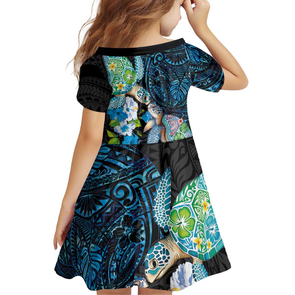 Hawaiian Couple Turtles Honi Family Matching Off The Shoulder Long Sleeve Dress and Hawaiian Shirt Polynesian Art Motifs and Hibiscus Black Blue Color LT03 - Polynesian Pride