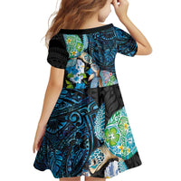 Hawaiian Couple Turtles Honi Family Matching Off The Shoulder Long Sleeve Dress and Hawaiian Shirt Polynesian Art Motifs and Hibiscus Black Blue Color LT03 - Polynesian Pride