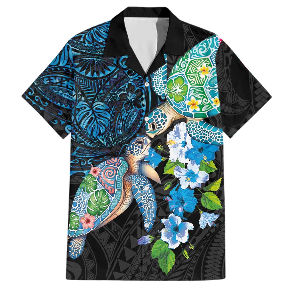 Hawaiian Couple Turtles Honi Family Matching Off The Shoulder Long Sleeve Dress and Hawaiian Shirt Polynesian Art Motifs and Hibiscus Black Blue Color LT03 Dad's Shirt - Short Sleeve Black - Polynesian Pride