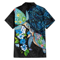 Hawaiian Couple Turtles Honi Family Matching Off The Shoulder Long Sleeve Dress and Hawaiian Shirt Polynesian Art Motifs and Hibiscus Black Blue Color LT03 - Polynesian Pride