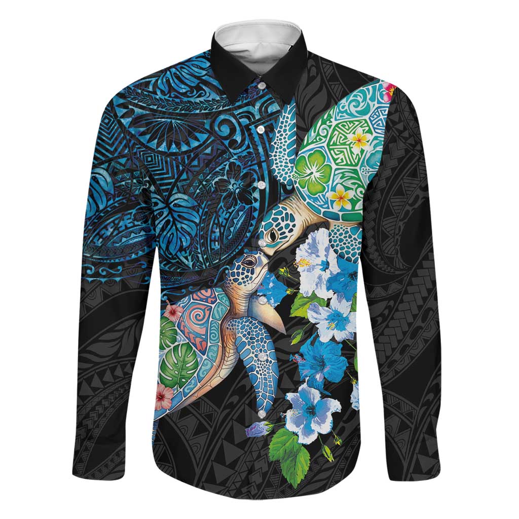 Hawaiian Couple Turtles Honi Family Matching Off The Shoulder Long Sleeve Dress and Hawaiian Shirt Polynesian Art Motifs and Hibiscus Black Blue Color LT03 Dad's Shirt - Long Sleeve Black - Polynesian Pride