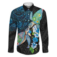 Hawaiian Couple Turtles Honi Family Matching Off The Shoulder Long Sleeve Dress and Hawaiian Shirt Polynesian Art Motifs and Hibiscus Black Blue Color LT03 Dad's Shirt - Long Sleeve Black - Polynesian Pride