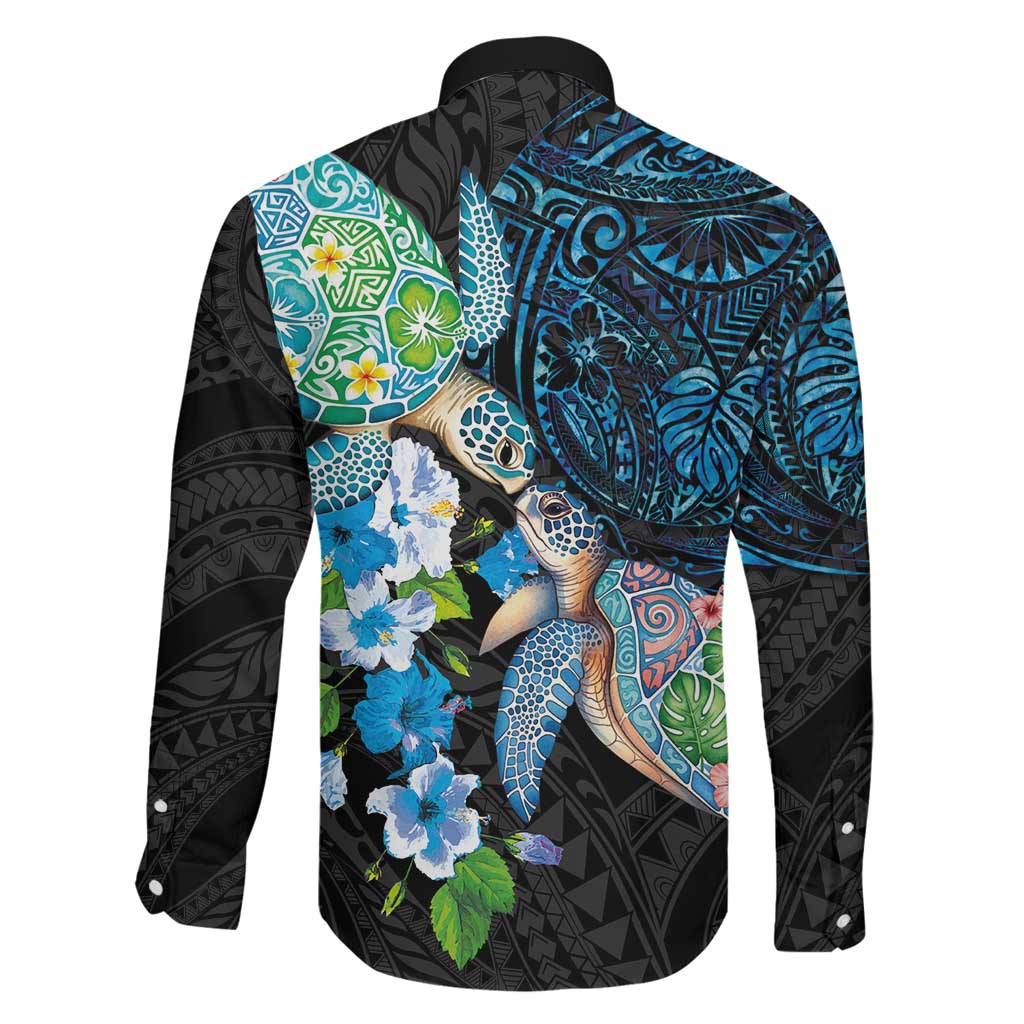 Hawaiian Couple Turtles Honi Family Matching Off The Shoulder Long Sleeve Dress and Hawaiian Shirt Polynesian Art Motifs and Hibiscus Black Blue Color LT03 - Polynesian Pride