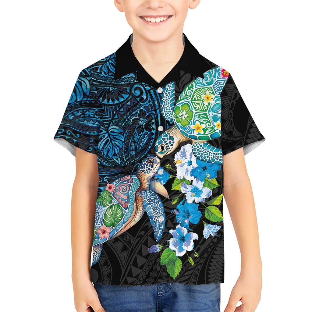 Hawaiian Couple Turtles Honi Family Matching Off The Shoulder Long Sleeve Dress and Hawaiian Shirt Polynesian Art Motifs and Hibiscus Black Blue Color LT03 Son's Shirt Black - Polynesian Pride