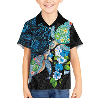Hawaiian Couple Turtles Honi Family Matching Off The Shoulder Long Sleeve Dress and Hawaiian Shirt Polynesian Art Motifs and Hibiscus Black Blue Color LT03 Son's Shirt Black - Polynesian Pride
