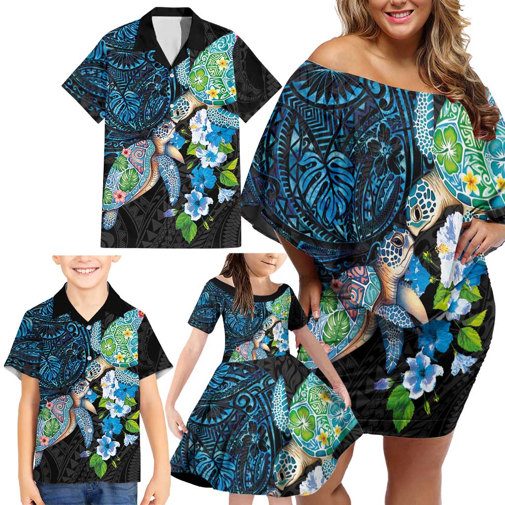 Hawaiian Couple Turtles Honi Family Matching Off Shoulder Short Dress and Hawaiian Shirt Polynesian Art Motifs and Hibiscus Black Blue Color - Polynesian Pride