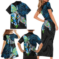 Hawaiian Couple Turtles Honi Family Matching Short Sleeve Bodycon Dress and Hawaiian Shirt Polynesian Art Motifs and Hibiscus Black Blue Color LT03 - Polynesian Pride