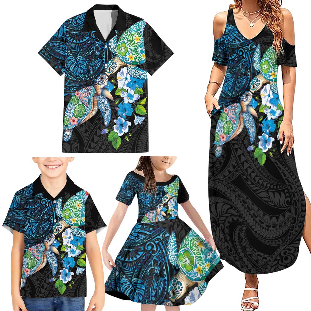 Hawaiian Couple Turtles Honi Family Matching Summer Maxi Dress and Hawaiian Shirt Polynesian Art Motifs and Hibiscus Black Blue Color LT03 - Polynesian Pride