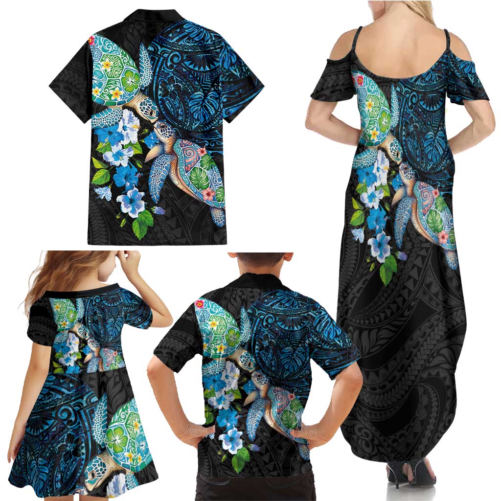 Hawaiian Couple Turtles Honi Family Matching Summer Maxi Dress and Hawaiian Shirt Polynesian Art Motifs and Hibiscus Black Blue Color LT03 - Polynesian Pride