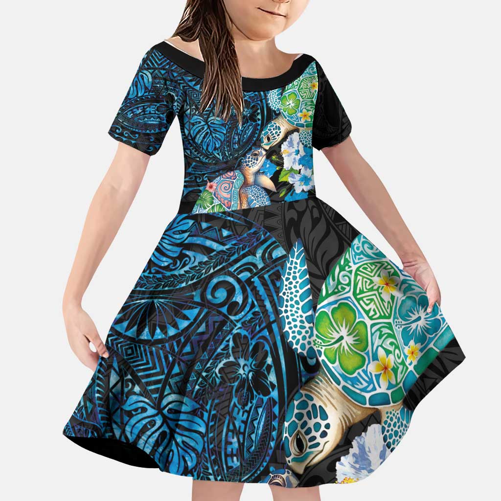 Hawaiian Couple Turtles Honi Family Matching Tank Maxi Dress and Hawaiian Shirt Polynesian Art Motifs and Hibiscus Black Blue Color LT03 Daughter's Dress Black - Polynesian Pride